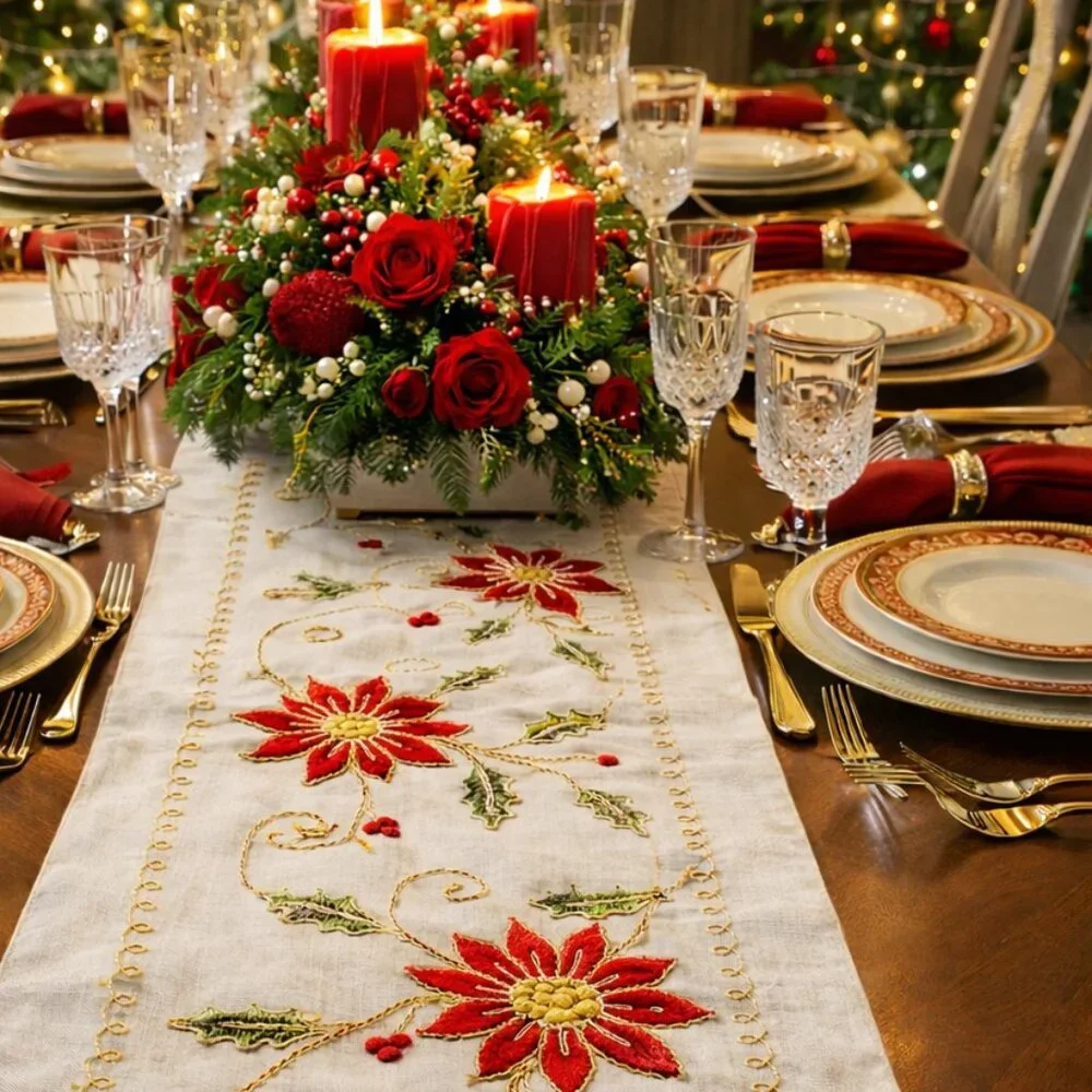 Embroidered Holiday Table Runner 90” | Gold Thread Poinsettias on Linen Blend |